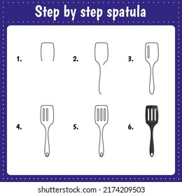 Hoja de trabajo educativa para niños. Ilustración de dibujo paso a paso. Espátula. Utensil de cocina. Página de actividades para la educación preescolar.