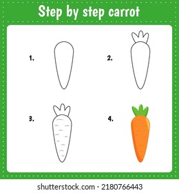 Educational worksheet for kids. Step by step drawing illustration. Carrot. Vegetable. Activity page for preschool education.