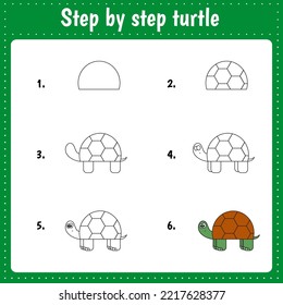Educational worksheet for kids. Step by step drawing illustration. turtle. Activity page for preschool education.