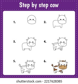 Educational worksheet for kids. Step by step drawing illustration. Cow. Activity page for preschool education.