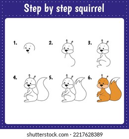 Educational worksheet for kids. Step by step drawing illustration. Squirrel. Activity page for preschool education.