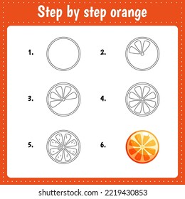 Educational worksheet for kids. Step by step drawing illustration. Orange. Activity page for preschool education.