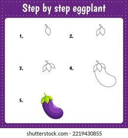 Hoja de trabajo educativa para niños. Ilustración de dibujo paso a paso. Planta de huevos. Página de actividades para la educación preescolar.