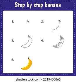 Educational worksheet for kids. Step by step drawing illustration. Banana. Activity page for preschool education.