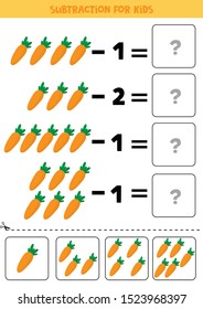 Educational worksheet for kids. Subtraction for kids with carrots. Math game for preschool kids.