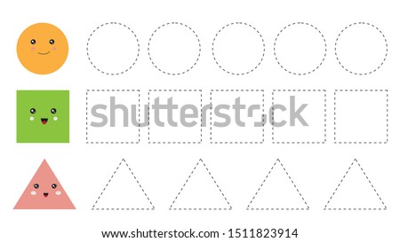 Educational worksheet for kids. Trace the shapes. Circle, square and triangle. 