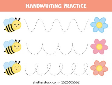 Educational worksheet for kids. Tracing lines. Handwriting practice. Bee and flower. 