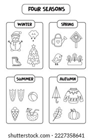 Educational worksheet for learning four seasons. Black and white pictures of spring, summer, winter, fall.