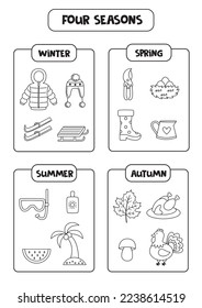 Educational worksheet for learning four seasons. Black and white pictures of spring, summer, winter, fall.