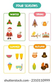 Educational worksheet for learning four seasons. Colorful spring winter autumn and summer elements.