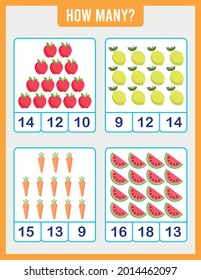 Hoja de trabajo educativa para niños preescolares. Cuenta frutas y verduras. Juego de matemáticas para niños.