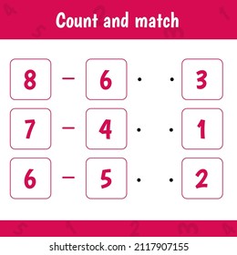 Educational worksheet for preschool kids. Count and match. Math game for children.