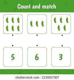 Educational worksheet for preschool kids. Count and match. Math game for children. Cucumber