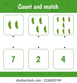 Educational worksheet for preschool kids. Count and match. Math game for children. Cucumber