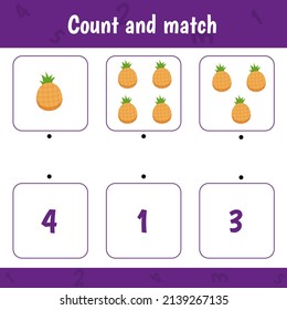 Educational worksheet for preschool kids. Count and match. Math game for children.