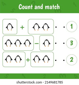 Educational worksheet for preschool kids. Count and match. Math game for children. Numbers