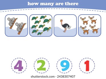Educational worksheet for preschool kids. Count wild animals. Math game for children. Vector