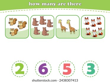 Educational worksheet for preschool kids. Count wild animals. Math game for children. Vector