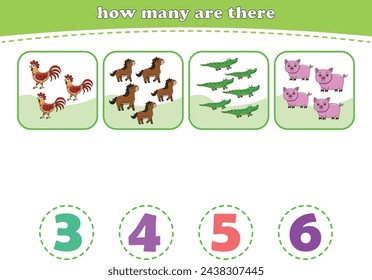 Educational worksheet for preschool kids. Count wild animals. Math game for children. Vector