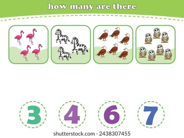 Educational worksheet for preschool kids. Count wild animals. Math game for children. Vector