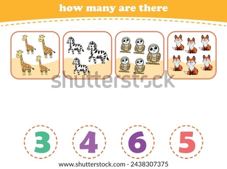 Educational worksheet for preschool kids. Count wild animals. Math game for children. Vector