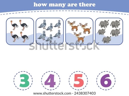 Educational worksheet for preschool kids. Count wild animals. Math game for children. Vector