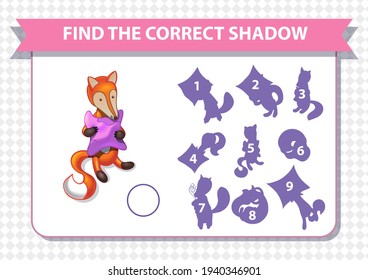 Educational worksheet for preschool kids. Find the correct shadows. Cartoon fox with pillow. Good night. Vector