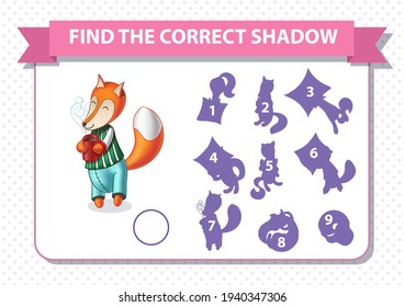 Educational worksheet for preschool kids. Find the correct shadows. Cartoon fox with coffee. Good night. Vector