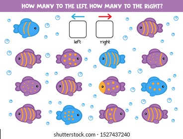 Educational worksheet for preschool kids. Left and right. Count how many fish swim to the right and to the left. 