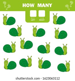 Educational worksheet for preschool kids. Left and right. Count how many snails go to the right and to the left.