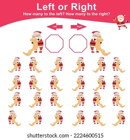 Educational worksheet for preschool kids. Left and right. Count how many the santa checking the wishlist to the right and to the left. Math printable worksheet. Vector illustration file.