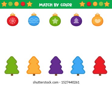 Educational worksheet for preschool kids. Match Christmas trees and balls by color. 