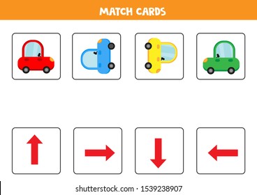 Educational worksheet for preschool kids. Match cards with cars. Spatial orientation. Left and right