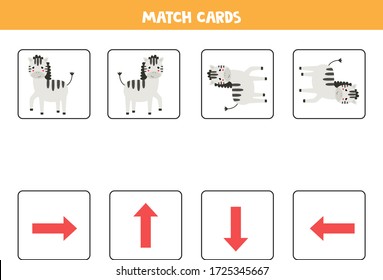 Educational worksheet for preschool kids. Match cards with cars. Spatial orientation. Left and right
