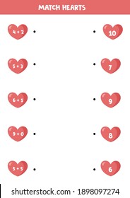 Educational worksheet for preschool kids. Match valentine hearts. Addition for kids.
