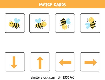 Educational worksheet for preschool kids. Match cards with cute bee. Spatial orientation. Left and right