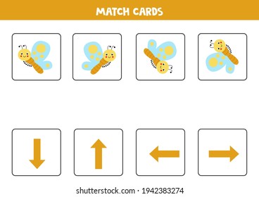 Educational worksheet for preschool kids. Match cards with butterfly. Spatial orientation. Left and right
