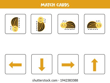 Educational worksheet for preschool kids. Match cards with colorado bugs. Spatial orientation. Left and right