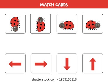 Educational worksheet for preschool kids. Match cards with ladybugs. Spatial orientation. Left and right