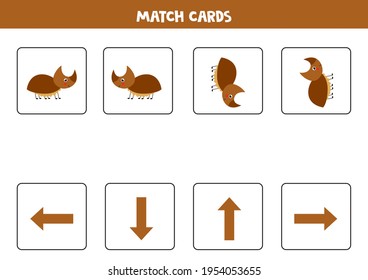 Educational worksheet for preschool kids. Match cards with rhinoceros beetle. Spatial orientation. Left and right