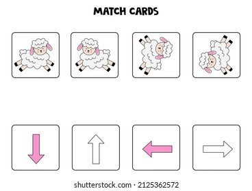 Educational worksheet for preschool kids. Match cards with lambs. Spatial orientation. Left and right