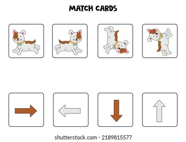 Educational worksheet for preschool kids. Match cards with cars. Spatial orientation. Left and right