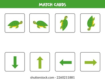 Educational worksheet for preschool kids. Match cards with turtles. Spatial orientation. Left and right