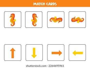 Educational worksheet for preschool kids. Match cards with sea horses. Up down let or right.