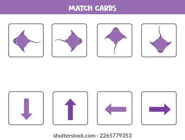 Educational worksheet for preschool kids. Match cards with purple stingrays. Up down left right.