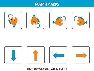 Educational worksheet for preschool kids. Match cards with angler fish. Up down left right.