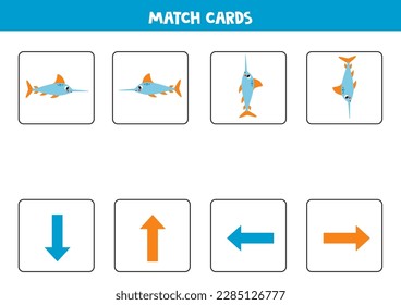 Educational worksheet for preschool kids. Match cards with swordfish. Spatial orientation. Left and right, up or down.