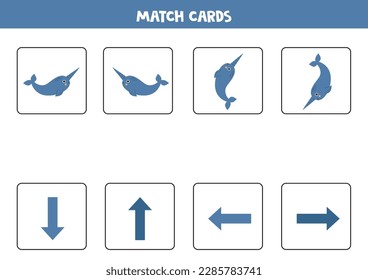 Educational worksheet for preschool kids. Match cards with cute narwhals. Spatial orientation. Left and right up or down.