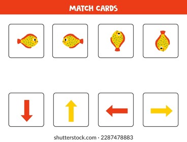 Educational worksheet for preschool kids. Match cards with cartoon plaice. Spatial orientation. Left and right up or down.