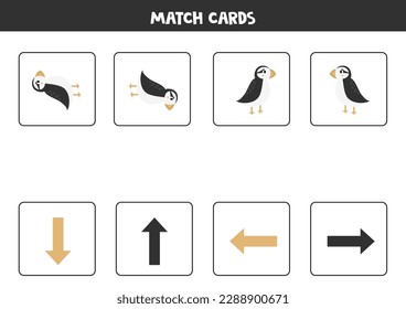 Educational worksheet for preschool kids. Match cards with cute arctic puffin. Spatial orientation. Left and right up down.